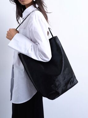 Topshop Luna large hair-on real leather tote in black